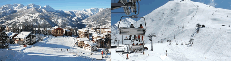 Sauze D'Oulx Village from Clotes Piste and the Via Lattea Ski Area